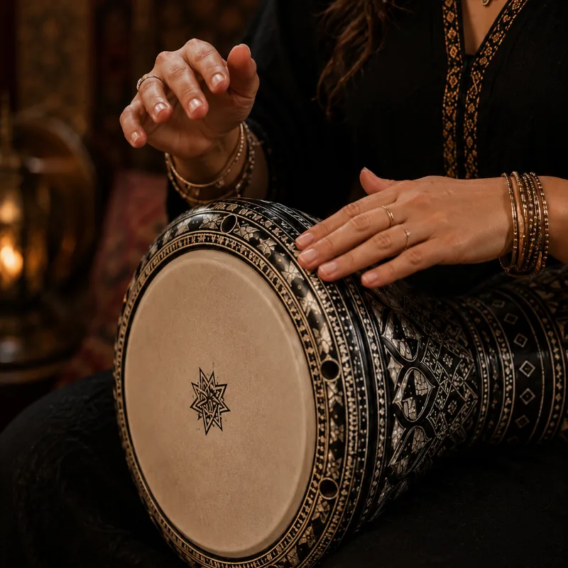 Instrumento Derbak em destaque durante aula de ritmos árabes e técnica de mãos.