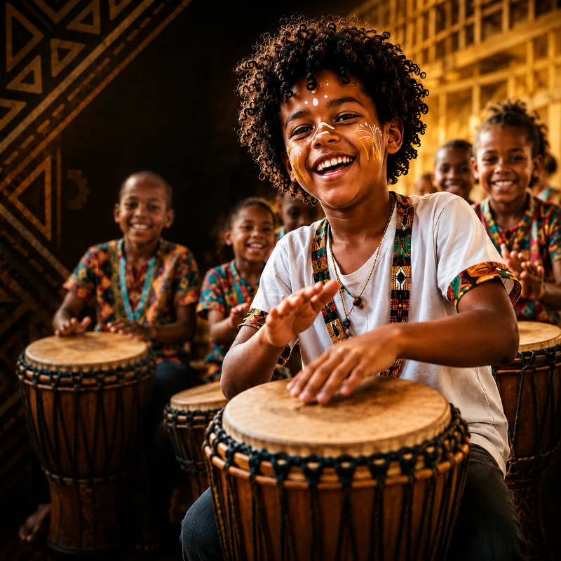 Crianças e adolescentes em aula lúdica de percussão na Casa Cangoma.