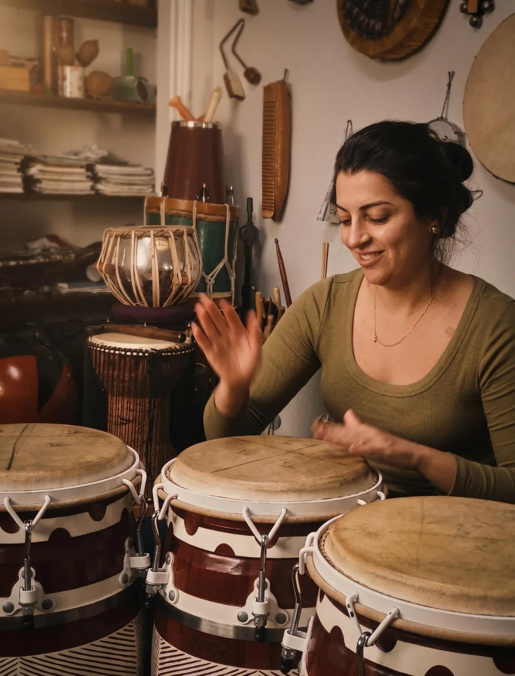 Mulher sorrindo durante aula de percussão na Casa Cangoma, tocando tambores conga em um ambiente repleto de instrumentos musicais em São José dos Campos.