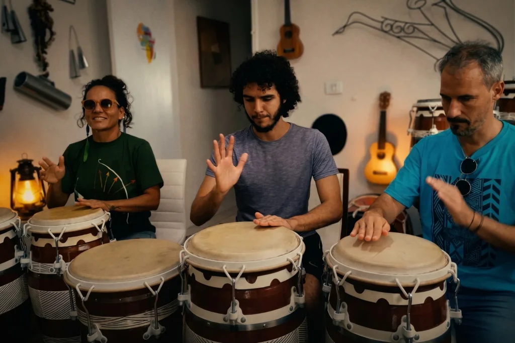 Três alunos da Casa Cangoma em aula prática de percussão, tocando tambores conga em um estúdio acolhedor e profissional em São José dos Campos.