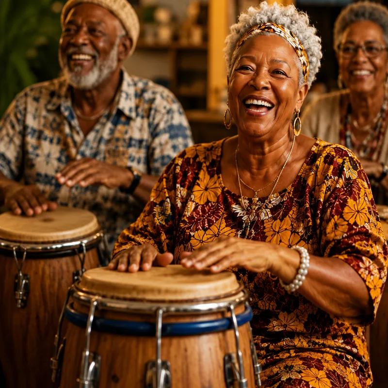 Atividade de música e ritmo para idosos e estimulação cognitiva na Casa Cangoma.